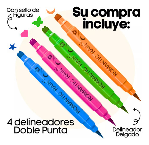 Set 4 Delineadores Doble Punta Sello Figuras Colores Matte F