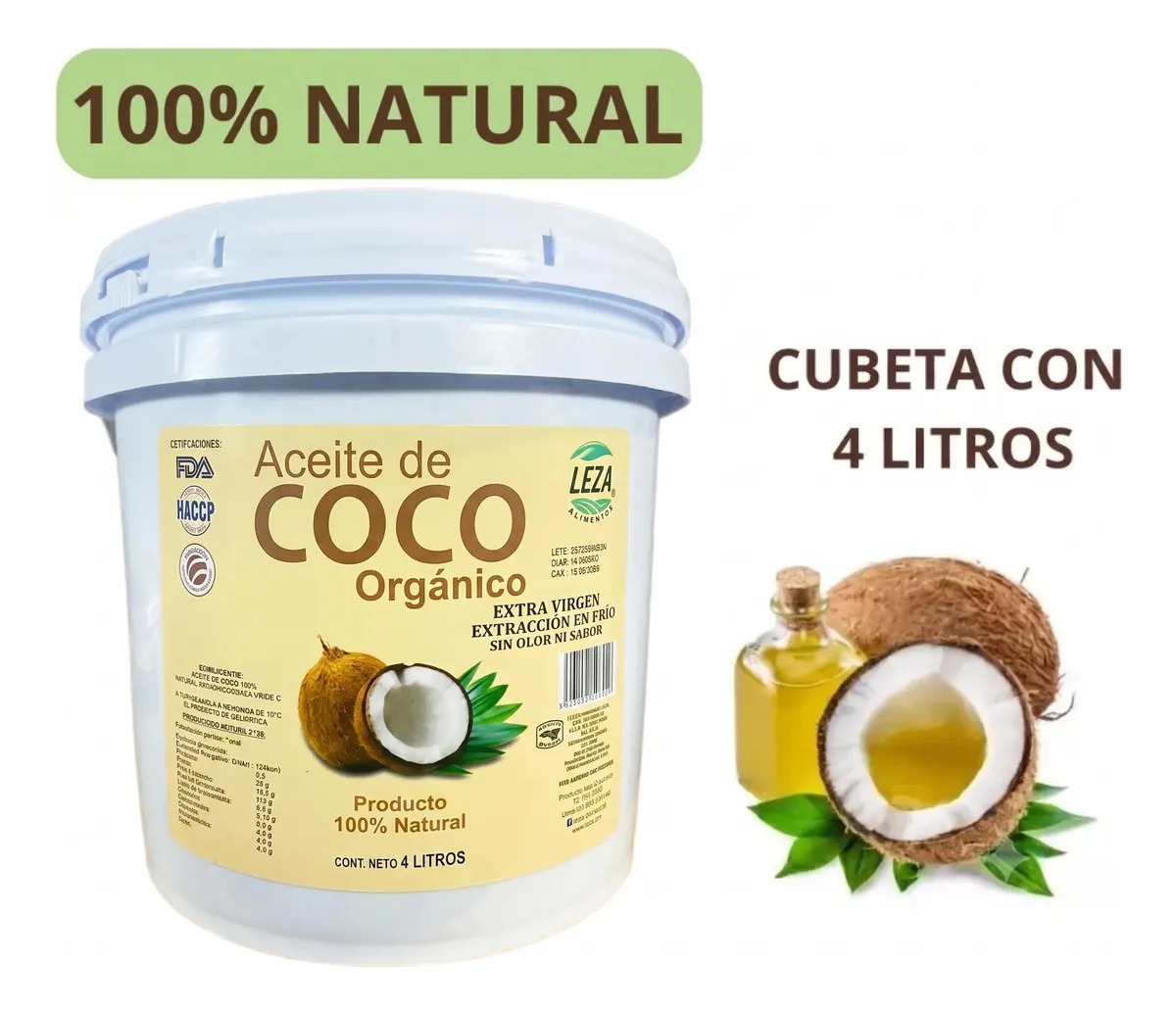 Aceite De Coco Orgánico Extra virgen Extración En Frío Sin Olor Ni Sabor Cubeta 4 litros LEZA ALIMENTOS ORGÁNICOS