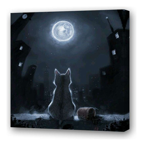 Cuadro 20x20cm Animal Gato Mirando La Luna Llena Dibujo
