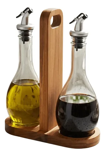 Conjunto 2 Garrafas Galheteiro De Vidro Com Base De Madeira