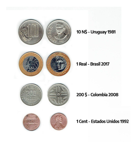 Lote 4 Monedas Uruguay Brasil Colombia Estados Unidos