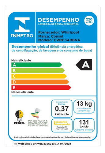 Lavadora blanca Consul de 13 kg con modo ecológico
