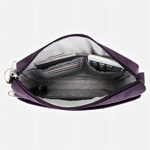 Travelon Crossbody Bandolera Antirrobo Minibag Violeta Acabado De Los Herrajes Níquel Color Violeta Oscuro Correa De Hombro Violeta Oscuro Diseño De La Tela Liso