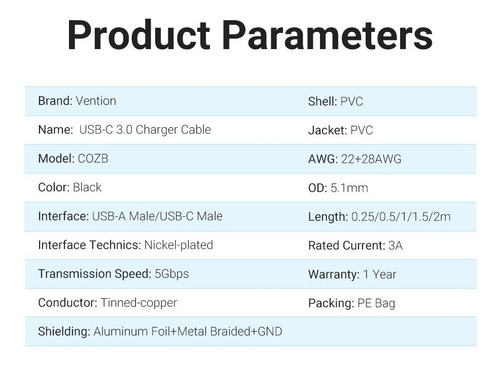 Cable Usb-a A Usb-c Marca Vention 2 Metros