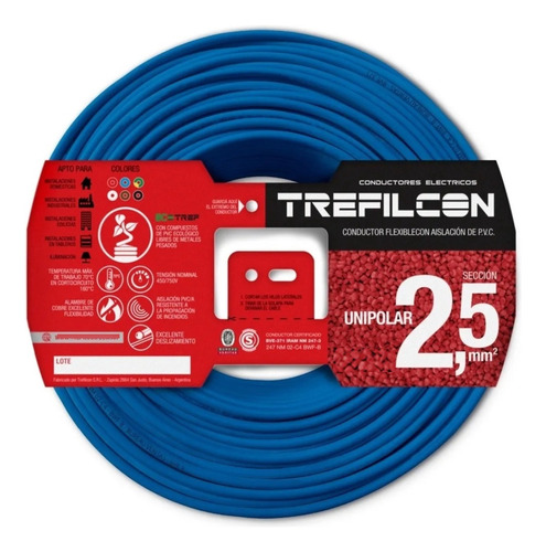 Cable Trefilcon 100 Mts 2,5mm Normalizado Iram Color Azul