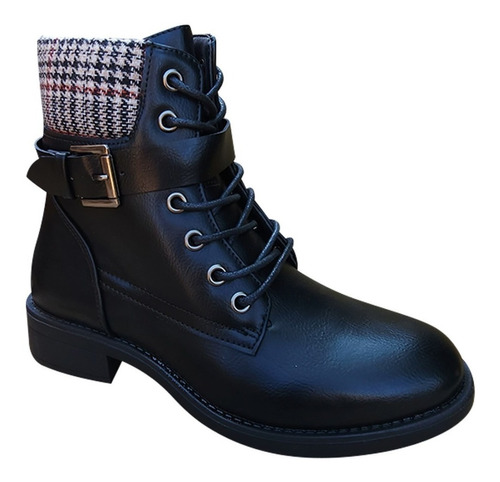 Botin Mujer De Cuero Pu Con Diseño Escoces Casual - 7144