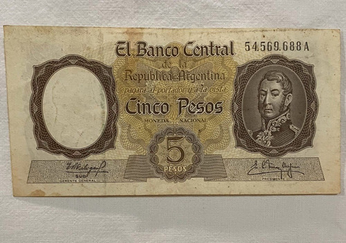Billete Arg 5 Pesos Moneda Nacional-año 1960-1965-usado