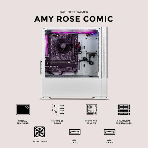 Gabinete Gamer Xtreme Pc Gaming Amy Comic Edition Mini Torre Micro Atx 3 Fan Argb Mesh Cristal Templado