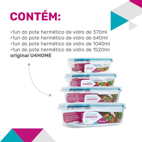 Combo Potes De Vidro Retangular 370ml + 640ml +1040ml+1520ml