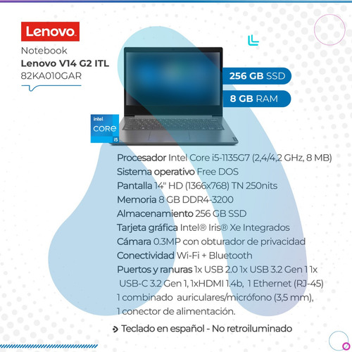Imagen 2 de 10 de Notebook Lenovo V14 G2 Itl 14hd/i5-1135g7/8gb/256ssd/freedos