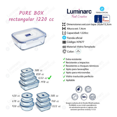Imagen 6 de 9 de Set Contenedores Vidrio Pure Box Luminarc Tuper Vianda X5p