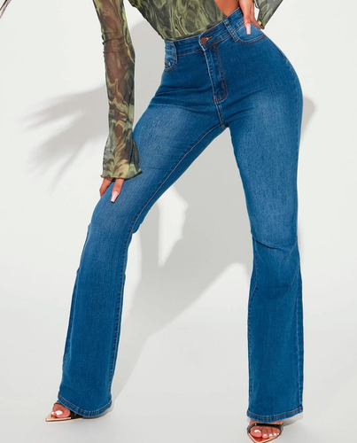 Calça Jeans Feminina Flare Lycra Cintura Alta Levanta Bumbum