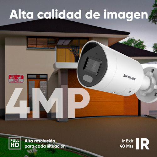 Hikvision Cámara de seguridad DS-2CD2047G2-LU/SL(C) Bala Ip 4mp todo a Color 24/7 Poe Micrófono integrado Lente 2.8mm Luz Intermitente y Alerta de Audio Videoanaliticos