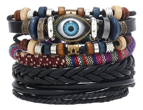 Pulsera Brazalete Cuero Dije Ojo Set 4 En 1 