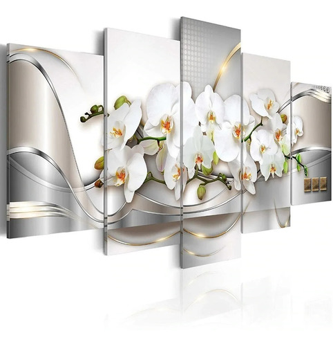 Kit Quadros Decorativo Mosaico 5 Peças Orquídeas Brancas Mdf