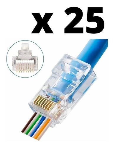 25 Fichas Rj45 Plug Conector Cat 5e Pasante Canalizada Red