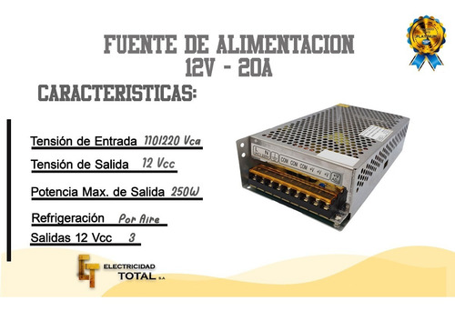 Imagen 2 de 10 de Fuente Cámara De Seguridad Cctv 12v 20a Switching Estéreo