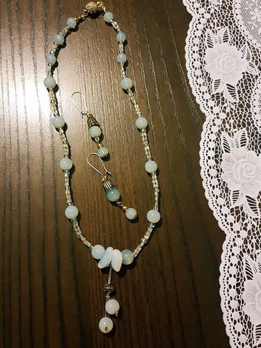 Conjunto Brincos E Colar Pedras Opalina E Cristais