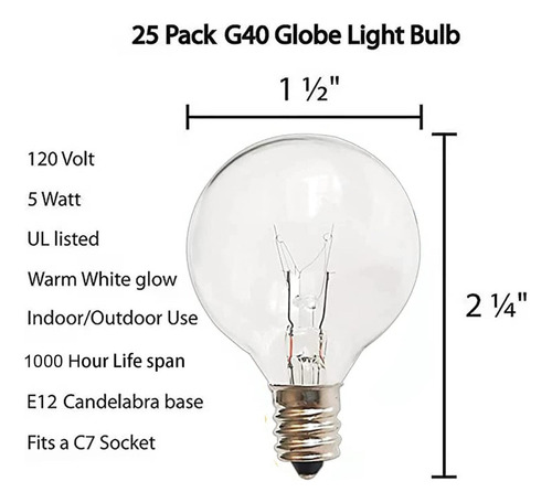 25 Uds G40 Foco E12 5w Accesorio De Luz Exterior 120v