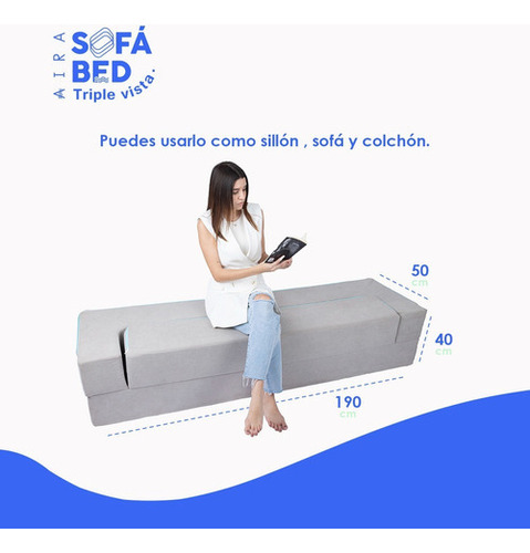 Sofá-cama Aira, poltrona, colchão individual, colchão 3 em 1, caixa de cores, cinza