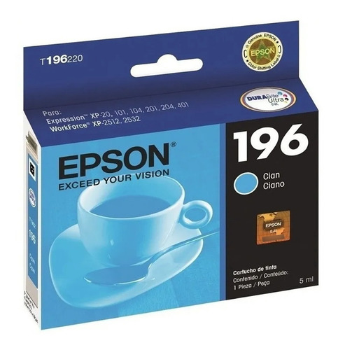 Cartucho Epson 196 Cyan Original T196220 Xp401 Xp411 Wf2532