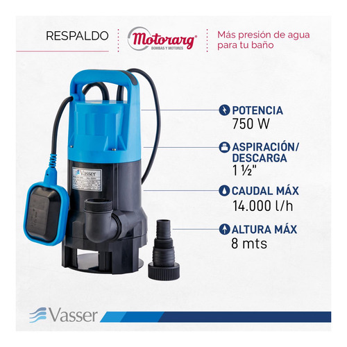 Imagen 2 de 11 de Bomba Desagote Agua Sucia Vasser De750ps 750w 10mts Cable 75