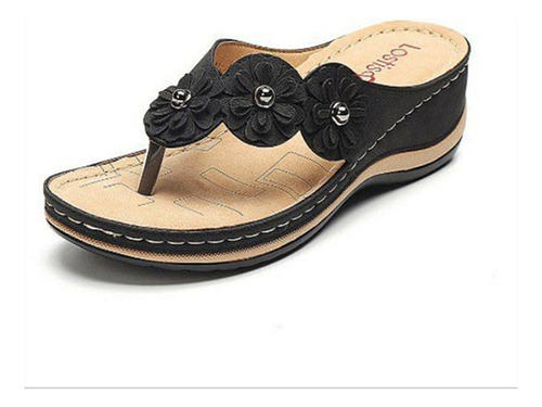 Sandalias Cuña Planas Retro Florales Hechas Mano Para Mujer