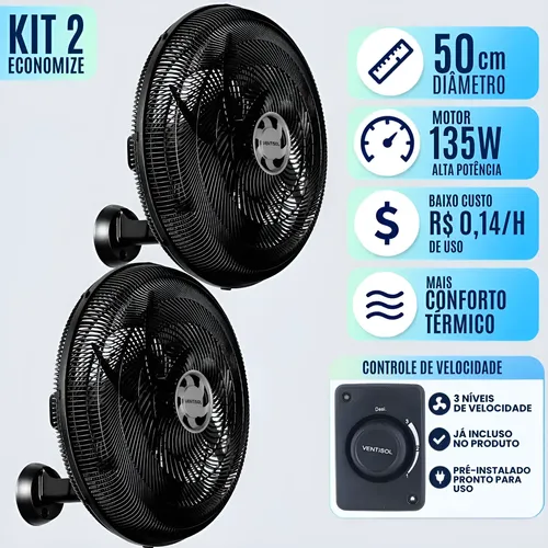 2 Ventiladores Oscilante Parede Ventisol 6pás 50cm 127v/220v