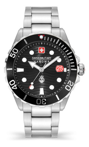 Reloj Swiss Military Smwgh2200301 Para Hombre Cristal Zafiro Color de la malla Plateado Color del bisel Gris/Rojo Color del fondo Negro