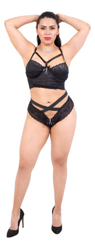Coordinado Para Mujer Top Y Tanga Encaje Negro Lenceria Sexy
