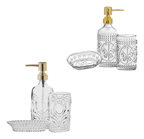 Kit Banheiro Lavabo Sabonetes Vidro 3 Peças - Flor De Lis