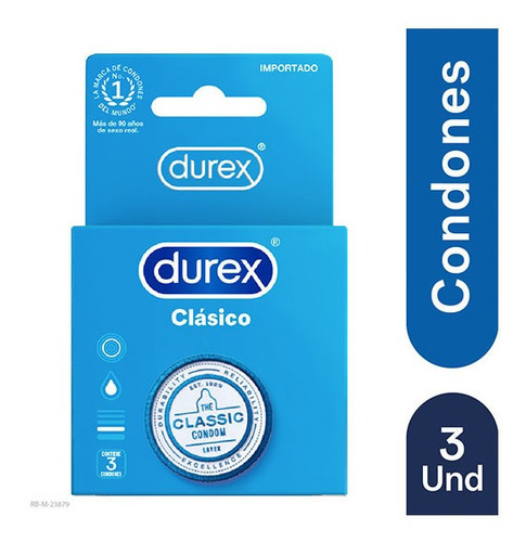 Durex Clásico Caja 3 Condones Preservativos Látex Lubricados