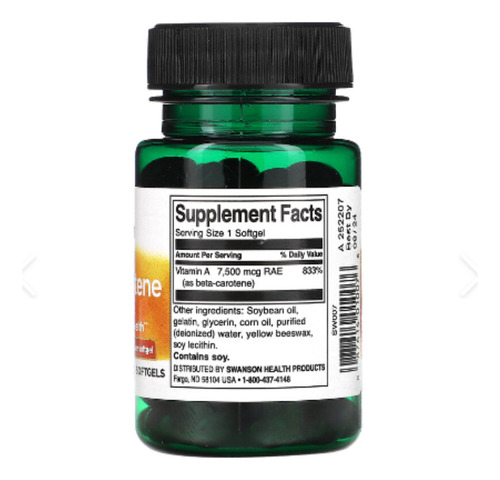 Vitamina A, Precursor. Beta Carotene 25.000 100 Softgels