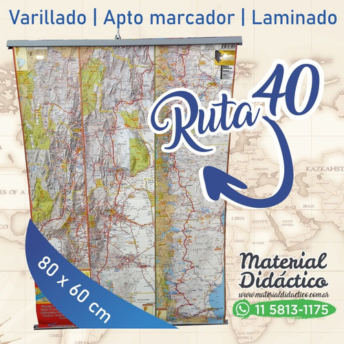 Mapa Ruta 40 - 80x60cm Para Colgar - Laminado Y Varillado
