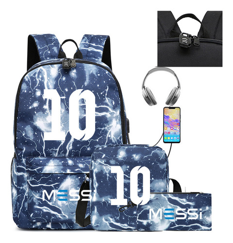 Mochila Estudiante Messi Set Tres Piezas Usb