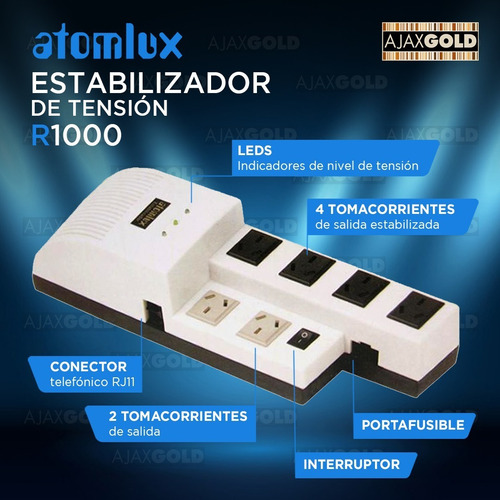 Imagen 3 de 6 de Estabilizador De Tension Atomlux R1000 Pc Tv Oficina Ps4