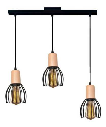 Colgante 3 Luces Jaula Madera + Lampara Led E27 Puraluz