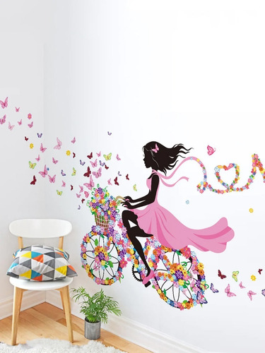 Vinil Decorativo Bicicleta Con Niña Mariposas Love Colores