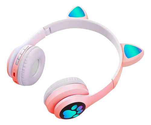 Auriculares Oreja Huella Gato Bluetooth Luz Rgb Niños Gatito Rosa