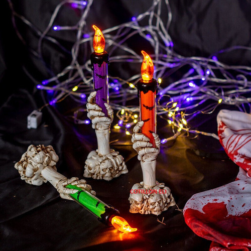 Vela Led Luminosa Calavera Halloween Craneo Mano Naranja