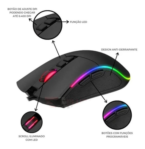 Mouse Gamer Macros Customizáveis Led Rgb 6400 Dpi