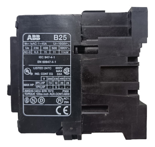 Contactor Magnético Abb B25-30-10 Bobina 120vac, 45amp (Usado)