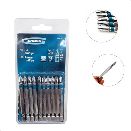 Kit De Bits 70mm Phillips Ponta 1/4 Ph2 - 10 Peças