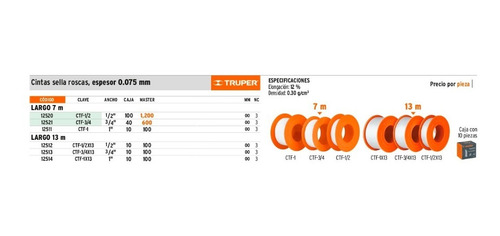 10 Cinta Sella Rosca Teflón 7 M 3/4'' Truper 12521