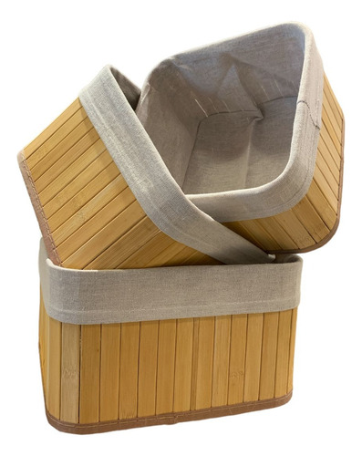 Set X3 Unidades Organizador Caja Bambú Con Tela Cuadrado
