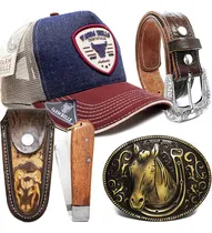 Comprar Kit Cowboy Cinto Peao Em Couro Bone Canivete Bainha Fivela