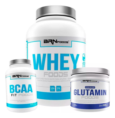 Combo Whey + Bcaa + Glutamina Premium - Brn Foods Sabor Chocolate