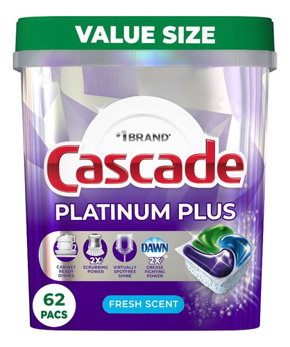 Cascade Platinum Plus Detergente Para Lavavajillas 62 Pods