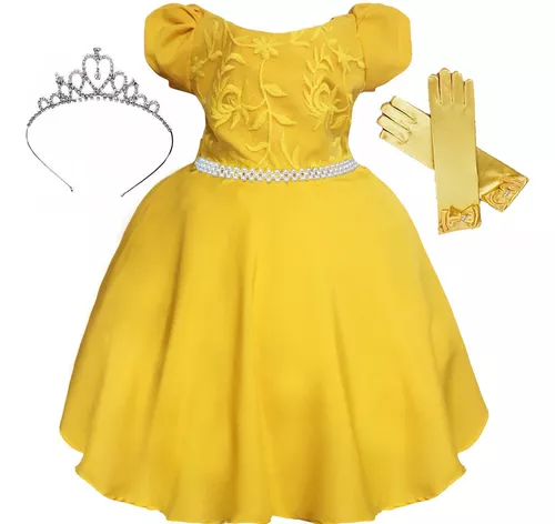 Vestido Festa Infantil Da Cinderela Azul Com Detalhes Amarelo