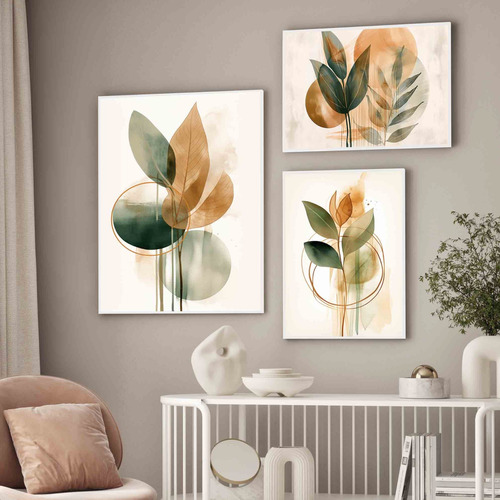 Kit 3 Quadros Decorativos Modernos Folhas Verdes Com Moldura